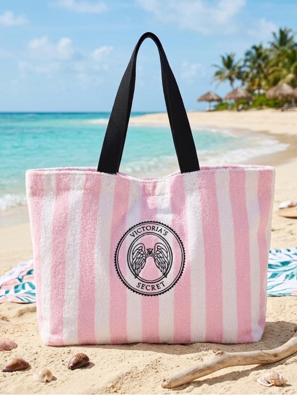 Victoria's Secret Pink and White Striped Tote Bag with Black Handles